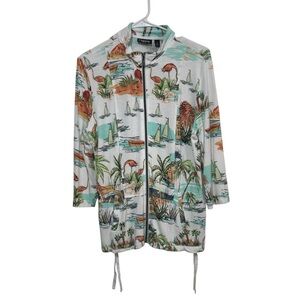 Onque Casual Tropical Hawaiian Print Zip Up Jacket Flamingo Sailboat Small